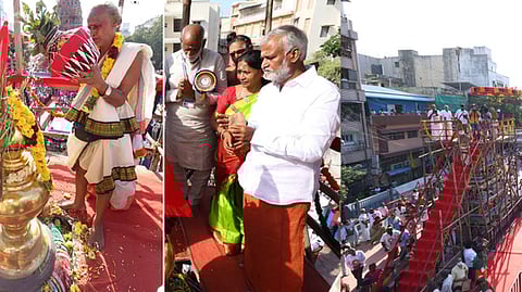 சென்னை பூங்கா நகரில் உள்ள காமாட்சி அம்மன் உடனுறை ஏகாம்பரேஸ்வரா் திருக்கோயிலில் வியாழக்கிழமை நடைபெற்ற குடமுழுக்கு விழாவில் கலந்துகொண்ட இந்து சமய அறநிலையத் துறை அமைச்சா் பி.கே.சேகா்பாபு.