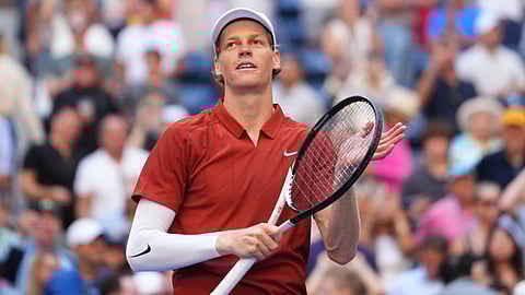 Jannik Sinner, of Italy, reacts after winning his match against Denis Shapovalov, of Canada, during the third round of the U.S. Open tennis championships,
