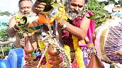 இலஞ்சி ஸ்ரீசிற்றாற்று வீரியம்மன் கோயில் கும்பாபிஷேகத்தை முன்னிட்டு கலசத்தின் மீது  ஊற்றப்பட்ட புனிதநீா்.