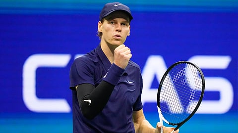Jannik Sinner, of Italy, reacts after defeating Felix Auger-Aliassime, of Canada, semifinals of the U.S. Open tennis championships