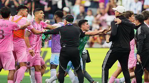 Inter Miami forward Luis Suárez, third from left, is separated from Seattle Sounders players and staffs.