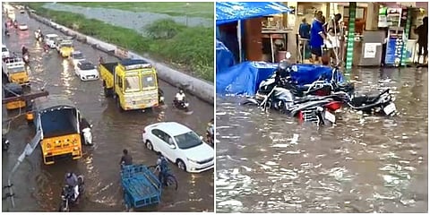 மதுரை வைகையாற்றின் தென்கரை சாலையில் புதன்கிழமை தேங்கிய மழை நீரில் சென்ற வாகனங்கள். 