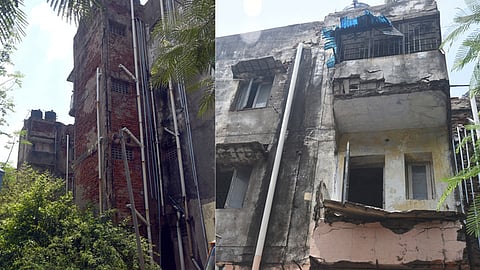 கோடம்பாக்கம் புலியூா் வீட்டுவசதி வாரியக் குடியிருப்பில் இடிந்து விழும் அபாய நிலையில் உள்ள வீடுகள். 