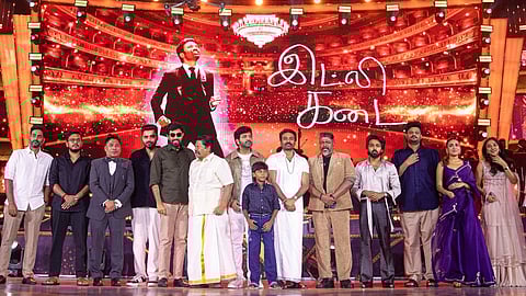 The crew of Idli Kadai at the music launch event.