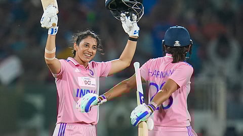 Smriti Mandhana celebrates after scoring a century