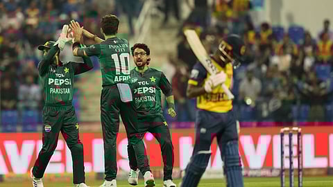 Pakistan cricket players celebrates the dismissal of Sri Lanka's Kusal Mendis during the Asia Cup Cricket match.