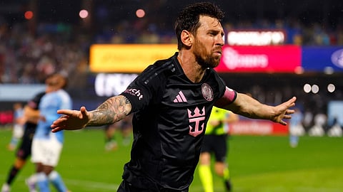 Inter Miami forward Lionel Messi reacts after scoring a goal against New York City FC.