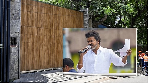 விஜய்யின் நீலாங்கரை வீடு, உள்படம்: கரூர் பிரசாரத்தில் விஜய்