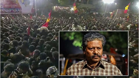 விஜய் பிரசாரத்தில் கூடிய கூட்டம், உள்படம்: ராஜ்கிரண்