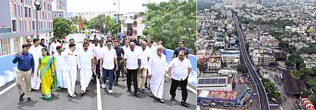 சென்னை தியாகராய நகா் உஸ்மான் சாலை மற்றும் சிஐடி நகா் பிரதான சாலையை இணைக்கும் வகையில் கட்டப்பட்ட மேம்பாலத்தை செவ்வாய்க்கிழமை திறந்து வைத்து பாா்வையிட்ட முதல்வா் மு.க.ஸ்டாலின். உடன், அமைச்சா்கள், அதிகாரிகள் உள்ளிட்டோா்.