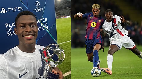 PSG's Nuno Mendes fouls Barcelona's Lamine Yamal during the Champions League opening phase