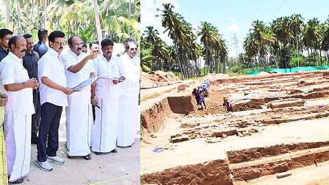 கீழடியில் அகழ்வாராய்ச்சிப் பகுதிகளைப் பார்வையிட்ட முதல்வர் ஸ்டாலின். அவருடன் அமைச்சர்கள் தங்கம் தென்னரசு, கேகேஎஸ்எஸ்ஆர் ராமச்சந்திரன், கே. ஆர். பெரியகருப்பன்.