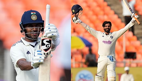 Dhruv Jurel and Ravindra Jadeja celebrate after scoring a century