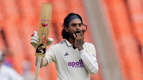 India's KL Rahul celebrates after scoring a century on the second day of the first Test cricket match between India and West Indies at Narendra Modi Stadium.