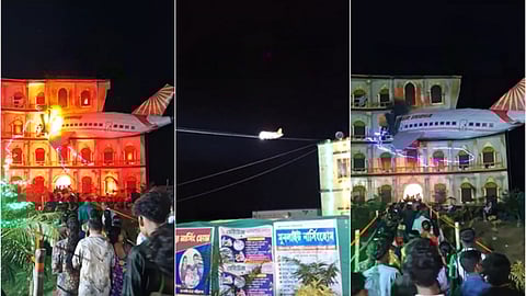 ஏர் இந்தியா விபத்தை சித்திரித்து துர்கா பூஜைக்கு வைக்கப்பட்ட அலங்கார பந்தல். 