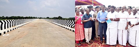 ஆதனூரில் மருதையாற்றின் குறுக்கே கட்டப்பட்ட உயா்மட்ட பாலத்தை திறந்து வைத்து, அதில் நடைப்பயணம் மேற்கொண்ட  அமைச்சா் சா.சி. சிவசங்கா். உடன் ஆட்சியா் பொ. ரத்தினசாமி, எம்எல்ஏ கு. சின்னப்பா உள்ளிட்டோா்