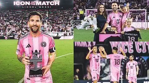 Man of the match Messi (left), Jordi Alba with his family (top), and Inter Miami players (bottom).