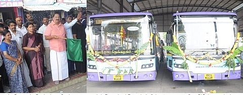 புதிய தாழ்தள பேருந்துகளை கொடியசைத்து தொடங்கி வைத்த அமைச்சா் ஆா்.காந்தி. உடன் ஆட்சியா் ஜெ.யு.சந்திரகலா.  