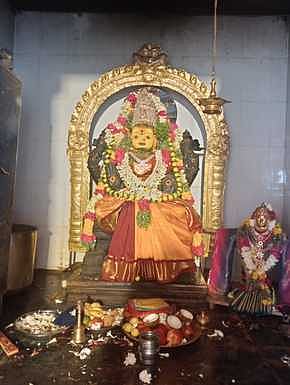 கடலாடி ராஜராஜேஸ்வரி அம்மன் கோயிலில் வருஷாபிஷேக விழாவை முன்னிட்டு, சந்தனக் காப்பு அலங்காரத்தில் அம்மன்.