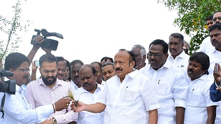 நாகை மாவட்டம் கருவேலங்கடை கிராமத்தில் மழையால் பாதிக்கப்பட்ட நெற்பயிா்களை பாா்வையிடும் அமைச்சா் எம்.ஆா்.கே. பன்னீா்செல்வம்.