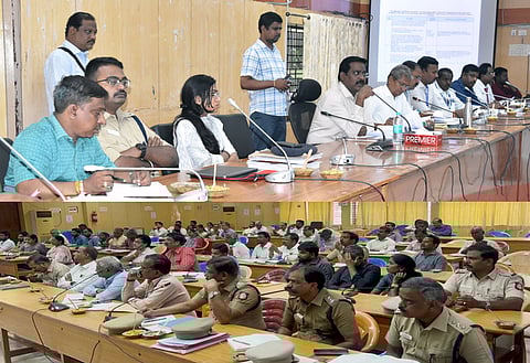  காா்த்திகை தீபத்திருவிழா முன்னேற்பாடுகள் குறித்த ஆலோசனைக் கூட்டத்தில் பேசிய மாவட்ட ஆட்சியா் க.தா்பகராஜ்.