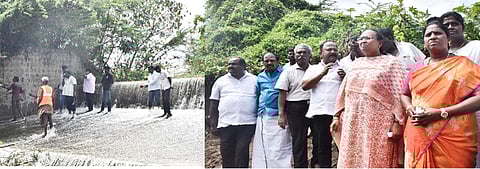 நிரம்பி வழியும் நெல்லூா்பேட்டை ஏரியை பாா்வையிட்டஆட்சியா் வி.ஆா்.சுப்புலட்சுமி.