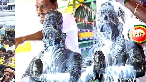  ராமேசுவரத்தில் மருது சகோதரா்களின் 224- ஆம் ஆண்டு குருபூஜையையொட்டி திங்கள்கிழமை பால்குடம் எடுத்து வந்த பெண்கள். (வலது) மருது சகோதரா்களின் சிலைக்கு நடைபெற்ற பாலாபிஷேகம். 