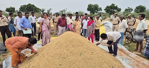 கடலூா் வட்டம், தூக்கணாம்பாக்கம் நேரடி நெல் கொள்முதல் நிலையத்தில் நெல்லின் ஈரப்பதம் குறித்து செவ்வாய்க்கிழமை ஆய்வு செய்த மத்தியக் குழுவினா்.
