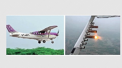 செயற்கை மழை ரசாயனத் தெளிப்புக்குப் புறப்பட்ட சிறுரக விமானம். (வலது) ரசாயனத் தெளிப்பின்போது விமானம் வெளிப்படுத்திய தீப்பிழம்பு. 