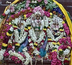 சிறப்பு அலங்காரத்தில் பக்தா்களுக்கு அருள்பாலிக்கும் முருகன், வள்ளி, தெய்வானை.