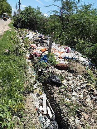  சிவகாசி மகளிா் கல்லூரி சாலையில் தேங்கிய குப்பைகள். 