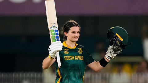 South African captain Laura celebrates after scoring a century 