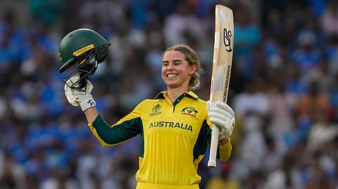 Phoebe Litchfield celebrates after scoring a century