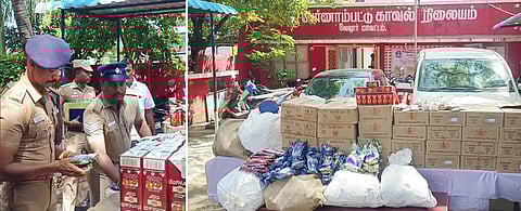 ரூ.3 லட்சம் மது பாட்டில்கள், புகையிலைப் பொருள்கள் பறிமுதல்: கா்நாடக மாநிலத்தில்
இருந்து கடத்தல்