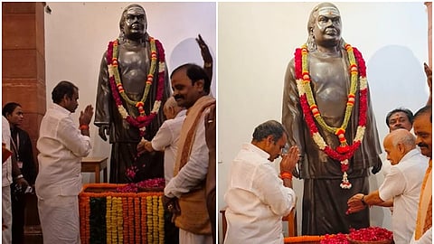 நாடாளுமன்ற வளாகத்தில் உள்ள முத்துராமலிங்கத் தேவரின் திருவுருவச் சிலைக்கு, மாலை அணிவித்து மரியாதை செலுத்திய மத்திய இணையமைச்சர் எல். முருகன்.