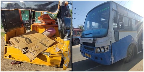 நத்தம் அருகே பள்ளி மாணவ-மாணவிகளை ஏற்றி வந்த ஆட்டோ மீது அரசுப் பேருந்து மோதியதில் ஒரு பெண் பலி.