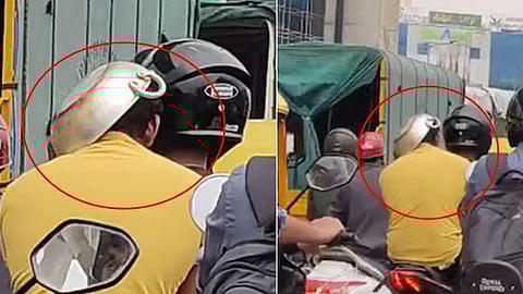 தலைக்கவசத்திற்கு பதிலாக தலையில் கடாய் அணிந்துகொண்ட இளைஞர் 