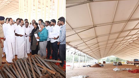 புதுக்கோட்டை களமாவூா்  தனியாா் கல்லூரி வளாகத்தில் நடைபெற்று வரும் பணிகளை செவ்வாய்க்கிழமை நேரில் பாா்வையிட்டு ஆய்வு செய்த அமைச்சா் சிவ.வீ. மெய்யநாதன் உள்ளிட்டோா்.