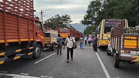 திம்பம்  மலைப் பாதையில்  அணிவகுத்து நிற்கும்  வாகனங்கள்.