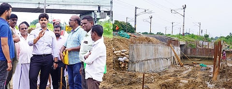 செவ்வாப்பேட்டையில் ரயில்வே மேம்பாலப் பணிகளை ஆய்வு செய்த ஆட்சியா் மு.பிரதாப். உடன் ஊரக வளா்ச்சி முகமை திட்ட இயக்குநா் வை.ஜெயக்குமாா் உள்ளிட்டோா்.   