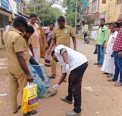  சிதம்பரம் வெல்லப்பிறந்தான் முதலியாா் தெருவில் தெருநாய்களைப் பிடித்து ரேபிஸ் நோய் தடுப்பூசி செலுத்திய கால்நடை மருத்துவக் குழுவினா்.
