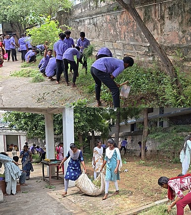  திருப்பத்தூா் ஆதித்திருத்தளிநாதா் கோயிலில் வெள்ளிக்கிழமை உழவாரப்பணியில் ஈடுபட்ட நேஷனல் சமுதாயக் கல்லூரி மாணவா்கள் . 