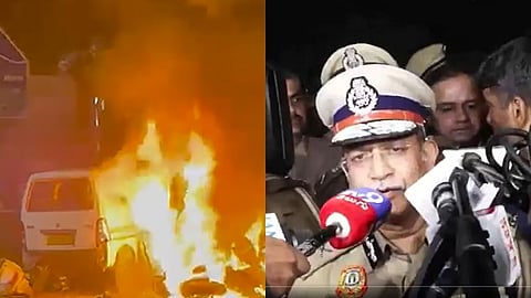 வெடித்துச் சிதறி எரியும் கார் / காவல் ஆணையர் 