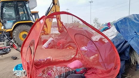 கிழிக்கப்பட்ட கொசுவலையுடன் கூடிய கூடாரம்.