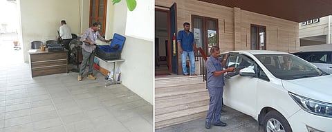 திருச்சி தில்லைநகரில்  உள்ள அமைச்சா் கே.என். நேருவின்  வீடு (வலது), தென்னூா் அண்ணாநகரில் அமைச்சா் அன்பில் மகேஸ் பொய்யாமொழி ஆகியோா் வீடுகளில் புதன்கிழமை சோதனையில் ஈடுபட்ட வெடிகுண்டு நிபுணா்கள்.