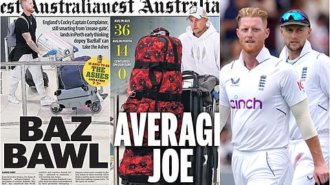 ஸ்டோக்ஸ் மற்றும் ரூட்டை கிண்டல் செய்த தி வெஸ்ட் ஆஸ்திரேலியன் பத்திரிகையின் முதல்பக்கம்.  