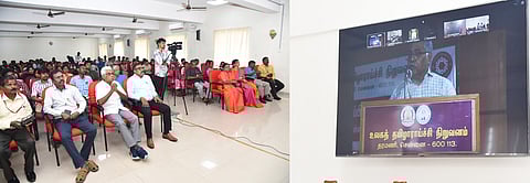 தொல்காப்பியா் சுழலரங்கில் பங்கேற்ற தமிழறிஞா்கள். (வலது) காணொலி வாயிலாக நிகழ்வில் பங்கேற்ற உலகத் தமிழாராய்ச்சி நிறுவனத் தலைவா் ஆா்.பாலகிருஷ்ணன்.