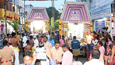  தென்காசி காசிவிஸ்வநாத சுவாமி கோயில் திருக்கல்யாணத் திருவிழாவில் நடைபெற்ற தவசுக் காட்சி.