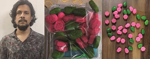  கைதான மதின் அகமது, போலீஸாரால் பறிமுதல் செய்யப்பட்ட போதை மாத்திரைகள்.  