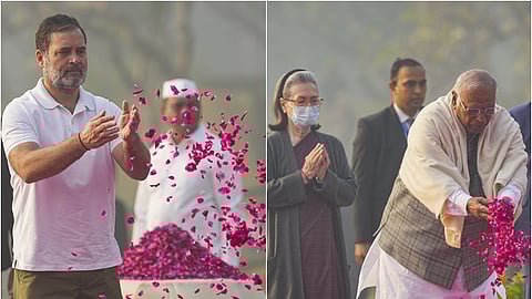 இந்திரா காந்தி நினைவிடத்தில் மரியாதை செலுத்திய ராகுல், கார்கே, சோனியா காந்தி. 